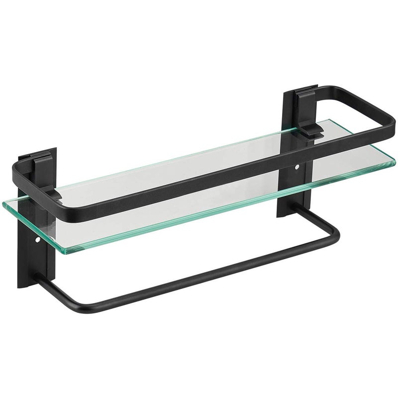 VOLPONE Bathroom Glass Shelf with Towel Bar- Black Bathroom Shelf Wall Mount Rustproof Bathroom Wall Organizer 1 Tier (Black) - Image 2